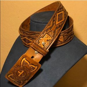 Tooled Western Leather Belt w Sun Butterfly Design